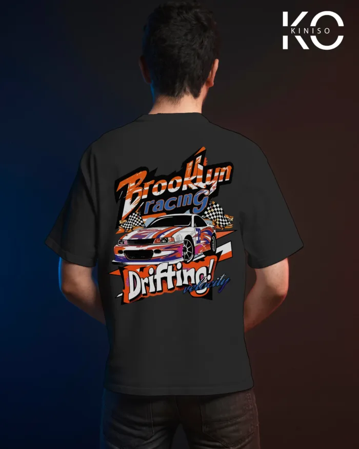 Image of Black color drop shoulder t-shirt with Brooklyn Racing Drifting Print for men at reasonable price